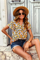 Floral Notched Neck Flutter Sleeve Blouse