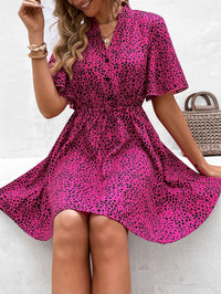 Printed Drawstring Waist Flutter Sleeve Dress