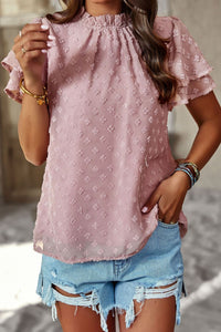 Swiss Dot Ruffle Collar Flutter Sleeve Blouse