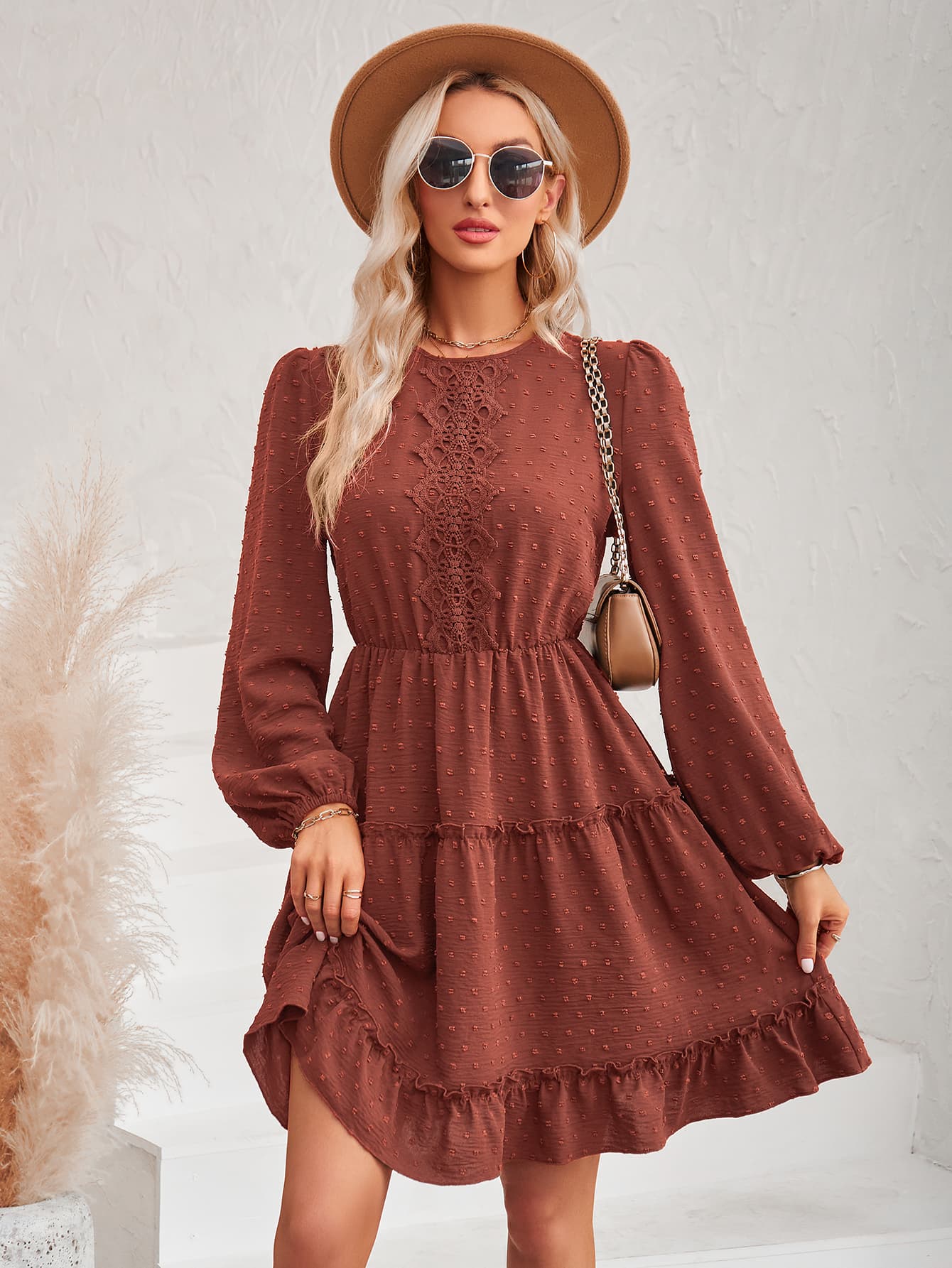 Swiss Dot Lace Trim Balloon Sleeve Dress