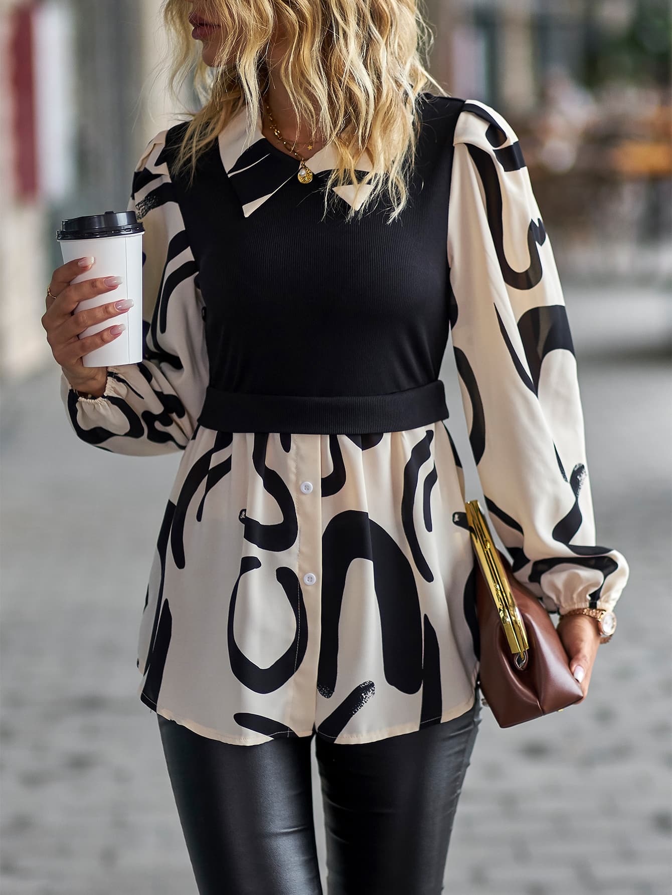 Two-Tone Long Puff Sleeve Blouse