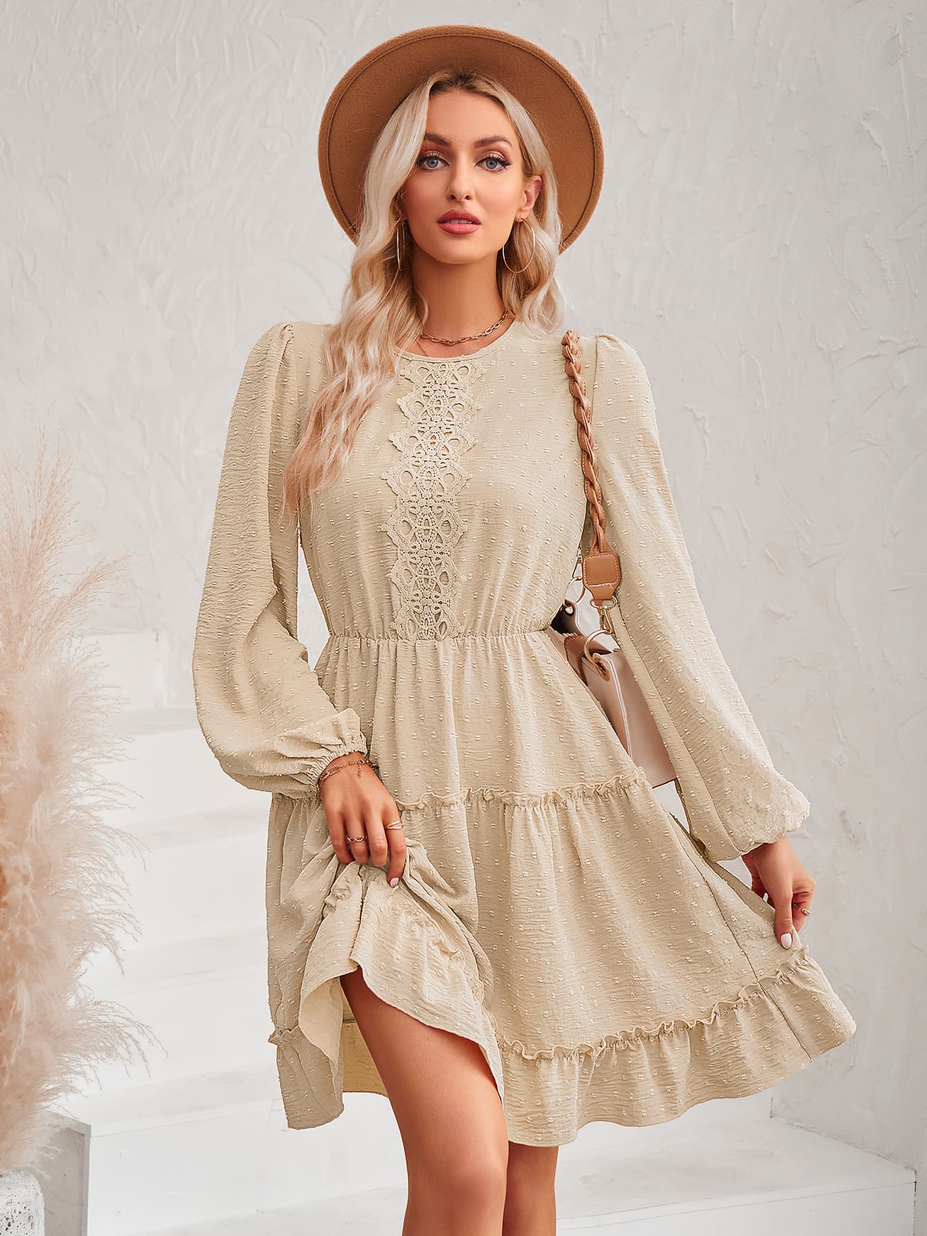 Swiss Dot Lace Trim Balloon Sleeve Dress