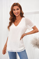 Swiss Dot Lace Trim V-Neck Short Sleeve Blouse