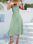 Decorative Button Spaghetti Strap Midi Dress