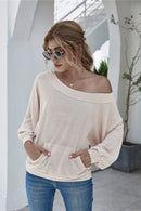 Boat Neck Waffle-knit Lantern Sleeve Blouse with Pocket