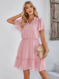 Frill Trim Tie Neck Flutter Sleeve Dress