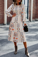 Smocked Round Neck Lantern Sleeve Midi Dress