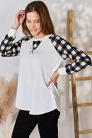 Hailey & Co Full Size Plaid Raglan Sleeve Round Neck Blouse