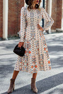 Smocked Round Neck Lantern Sleeve Midi Dress