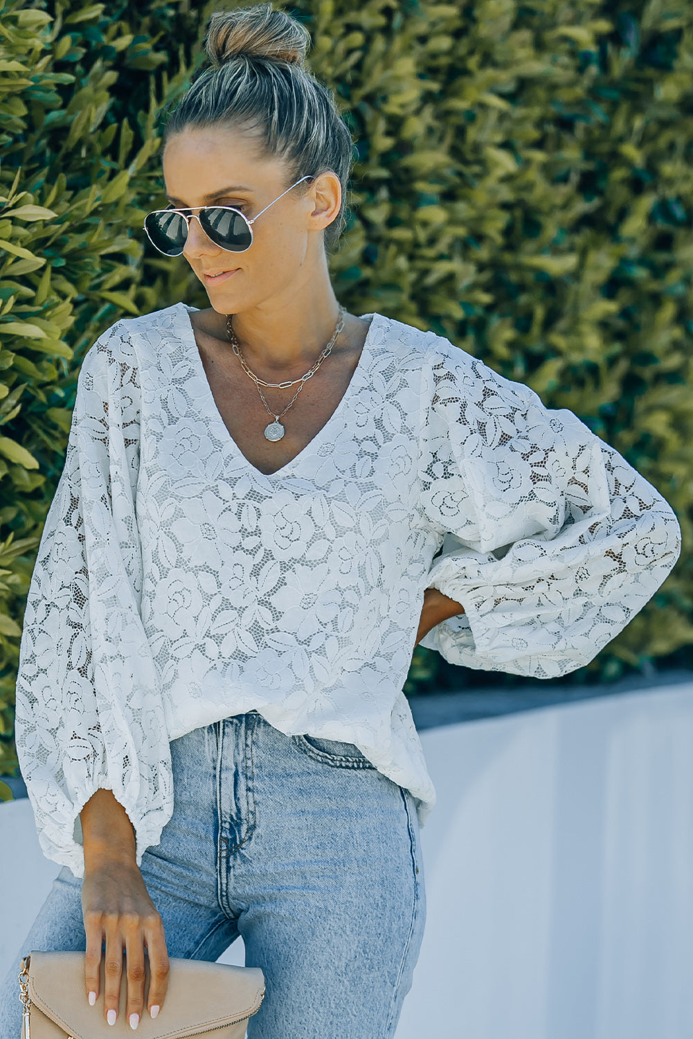 Lace Balloon Sleeve V-Neck Tunic Blouse