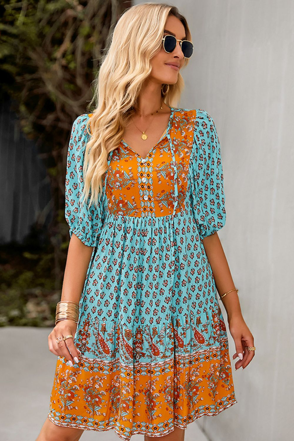 Bohemian Tie Neck Balloon Sleeve Dress