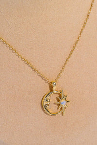 Copper 14K Gold Pleated Moon & Star Shape Pendant Necklace