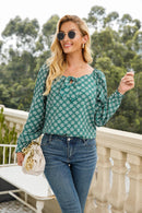 Printed Tied Sweetheart Neck Long Sleeve Blouse