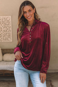 Notched Neck Buttoned Long Sleeve Velvet Blouse