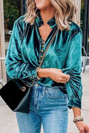 Notched Neck Buttoned Long Sleeve Velvet Blouse